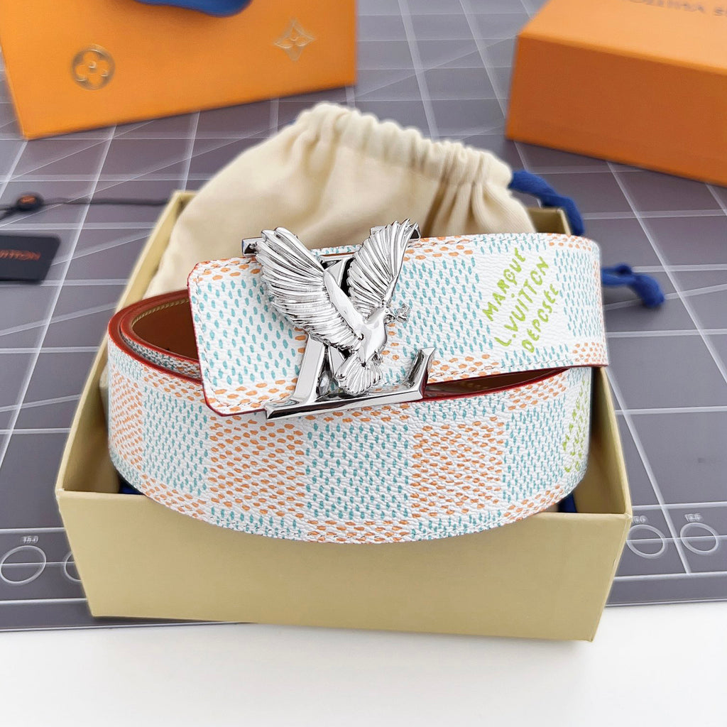 Men's Metal Eagle Buckle Color Checkered Letter Logo Leather Belt Accessory #72695