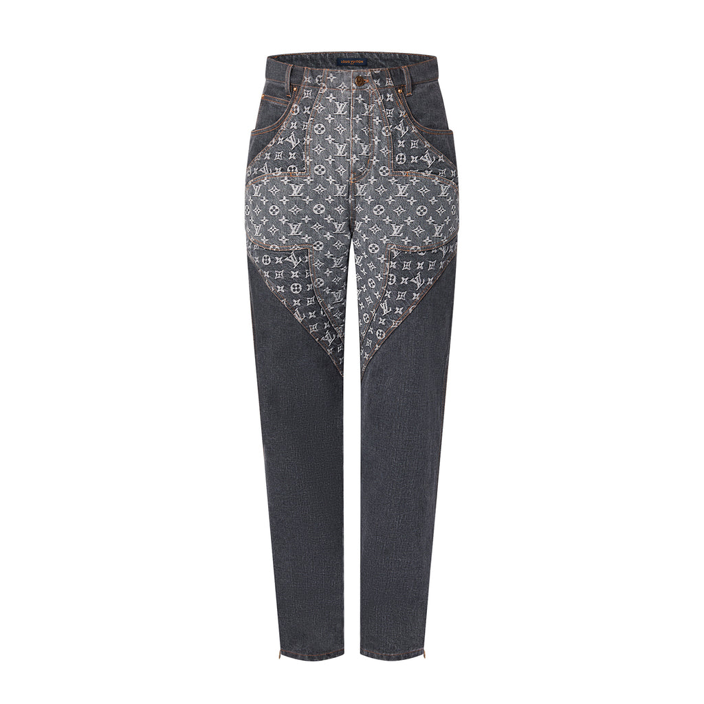 Monogram Flower Denim Pants Men's Black Logo Letter Print Irregular Fit Jeans #98869