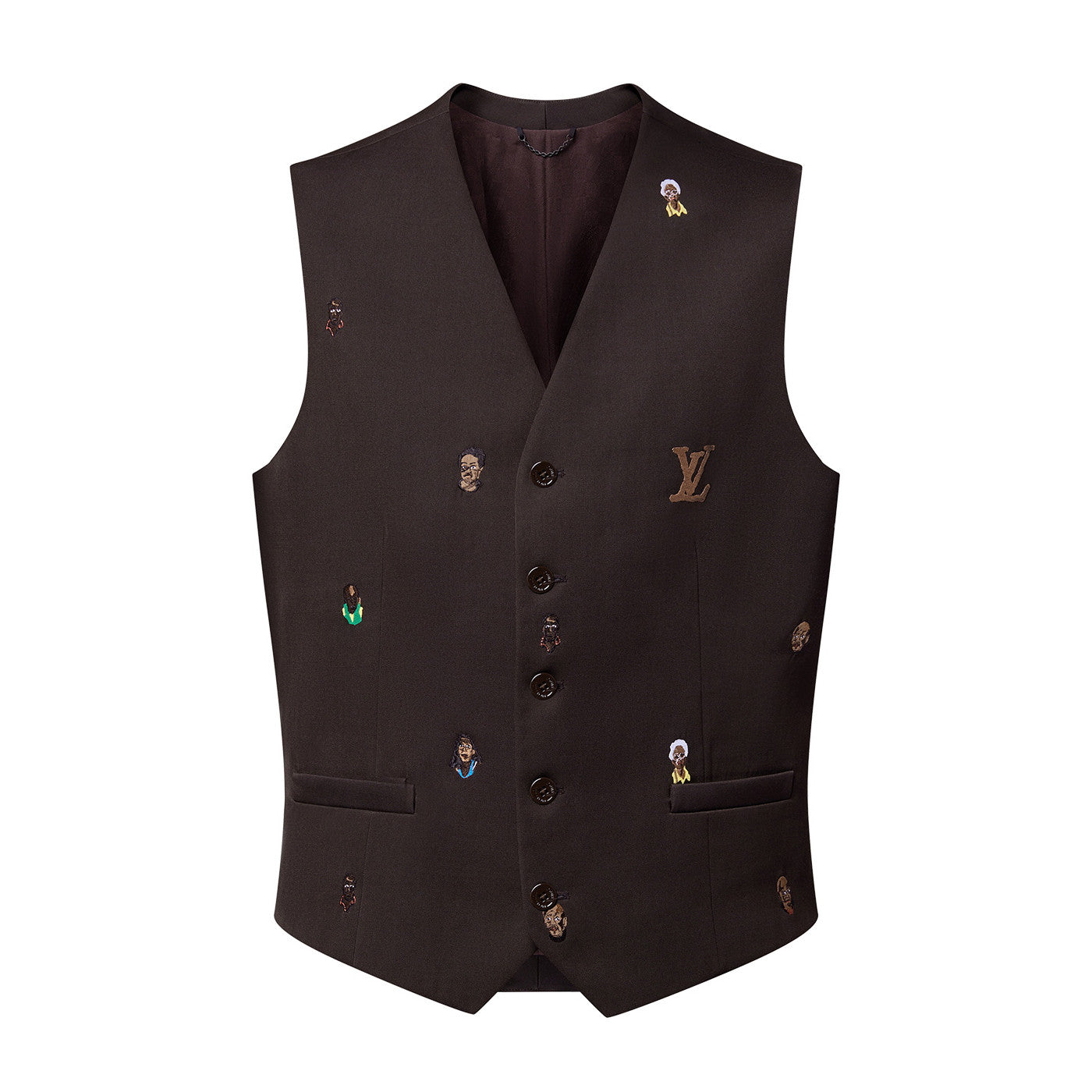 1VMen's Spring and Autumn Brown Logo Embroidery V-Neck Single Breasted Suit Vest #72773