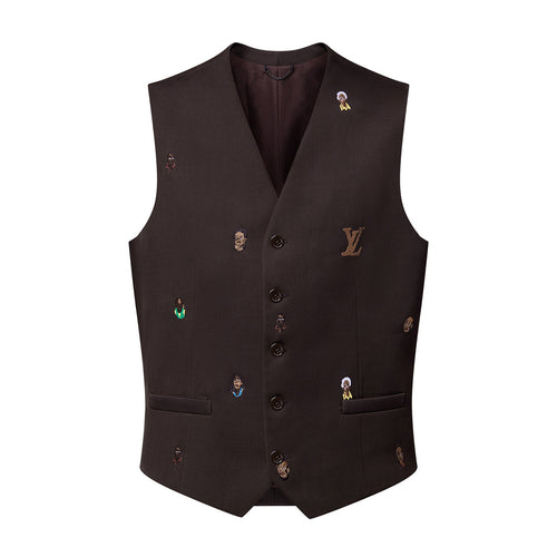 1VMen's Spring and Autumn Brown Logo Embroidery V-Neck Single Breasted Suit Vest #72773