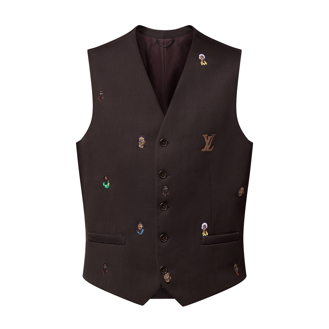 1VMen's Spring and Autumn Brown Logo Embroidery V-Neck Single Breasted Suit Vest #72773