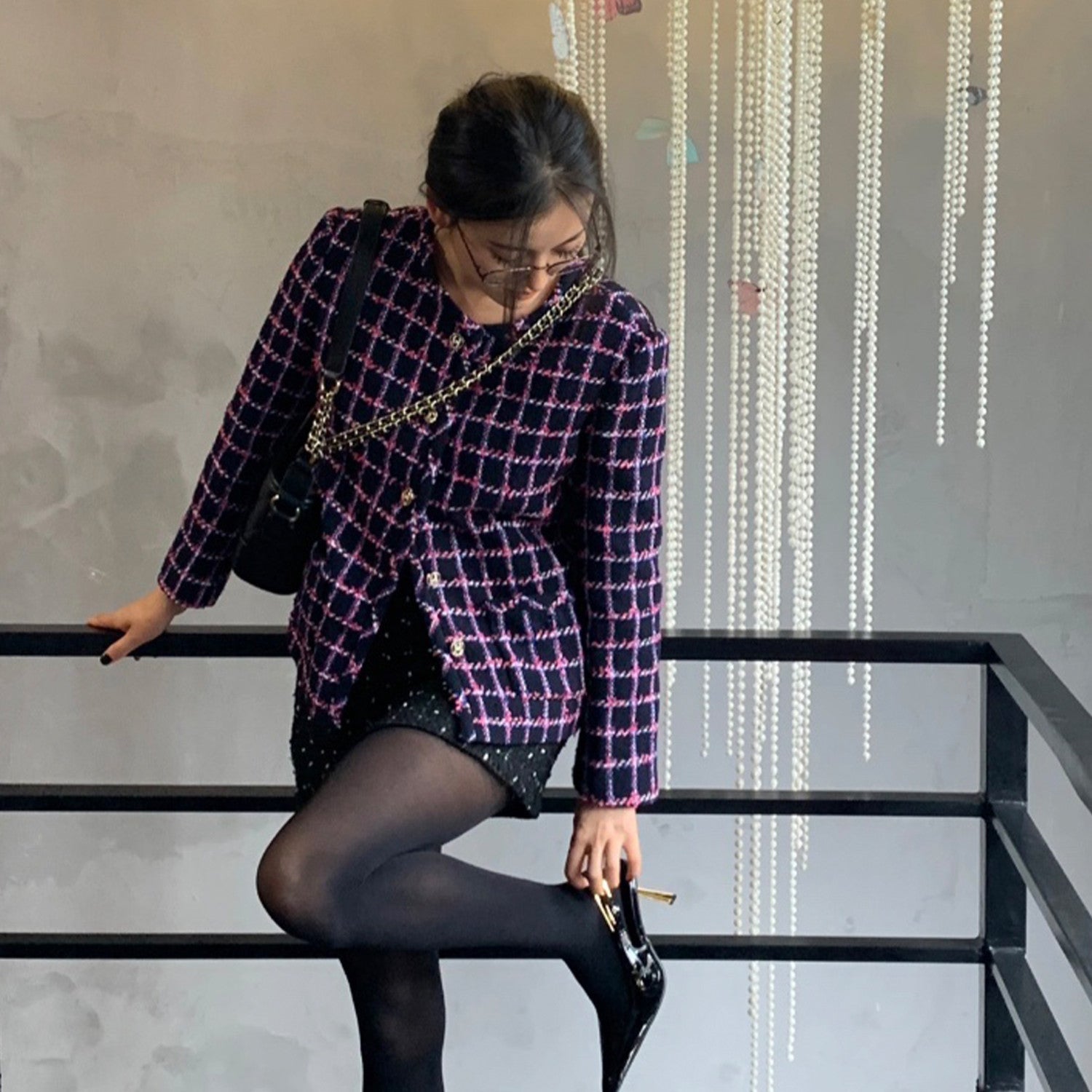 Women's Spring and Autumn Tweed Plaid Colorblocking Silhouette Jacket Button Waist Vest Set Suit Ngvp #8891