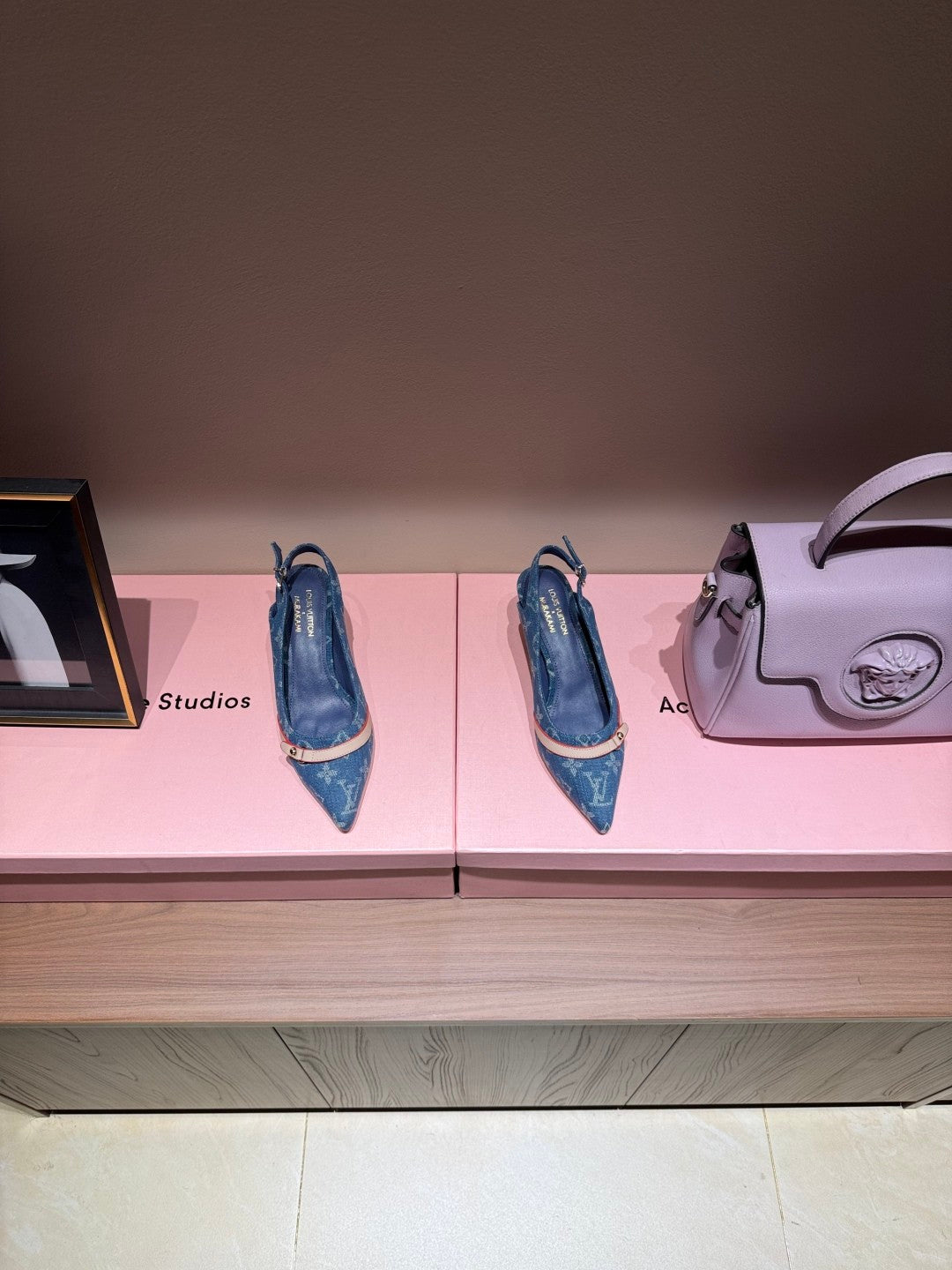 Women's Pointed Denim Print Metal Buckle Fine Heel Cherry Heel Retro Solid Color High Heels Casual Slippers Shoes #77858