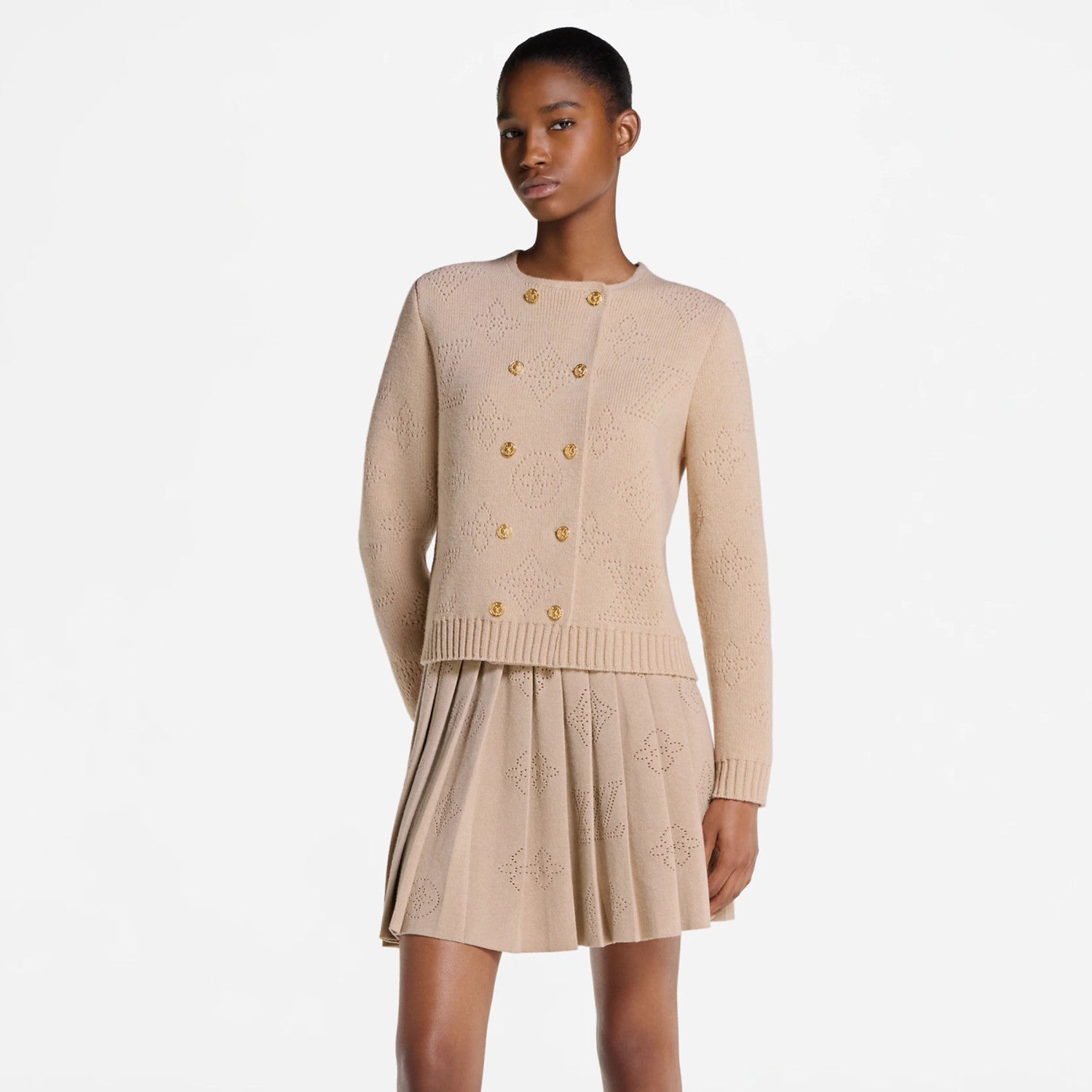 FallWinter 2025 Women's New Monogram Logo Hollow-Out Jacquard Pleated High-Waisted Midi Skirt #83152A