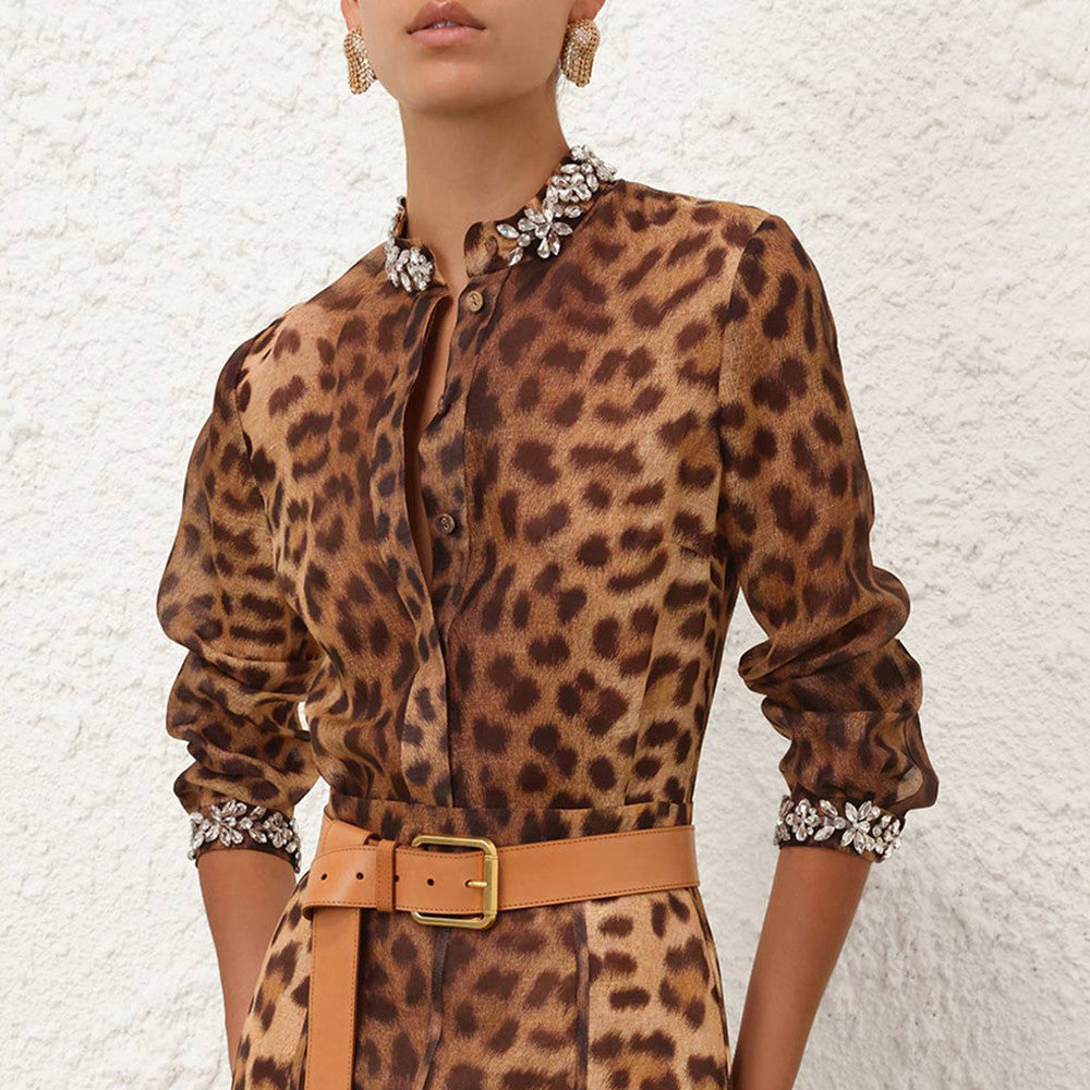 Women's Spring And Autumn Leopard Printed Studded Diamonds Round Collar Solid Color Linen Silk Long Sleeve Shirt Ngvp #9964