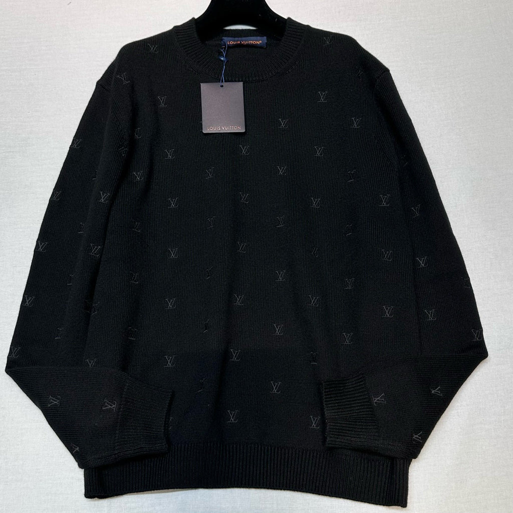 Men's Fall And Winter Black Long Sleeve Logo Embroidered Signature Merino Crewneck Sweater #98236