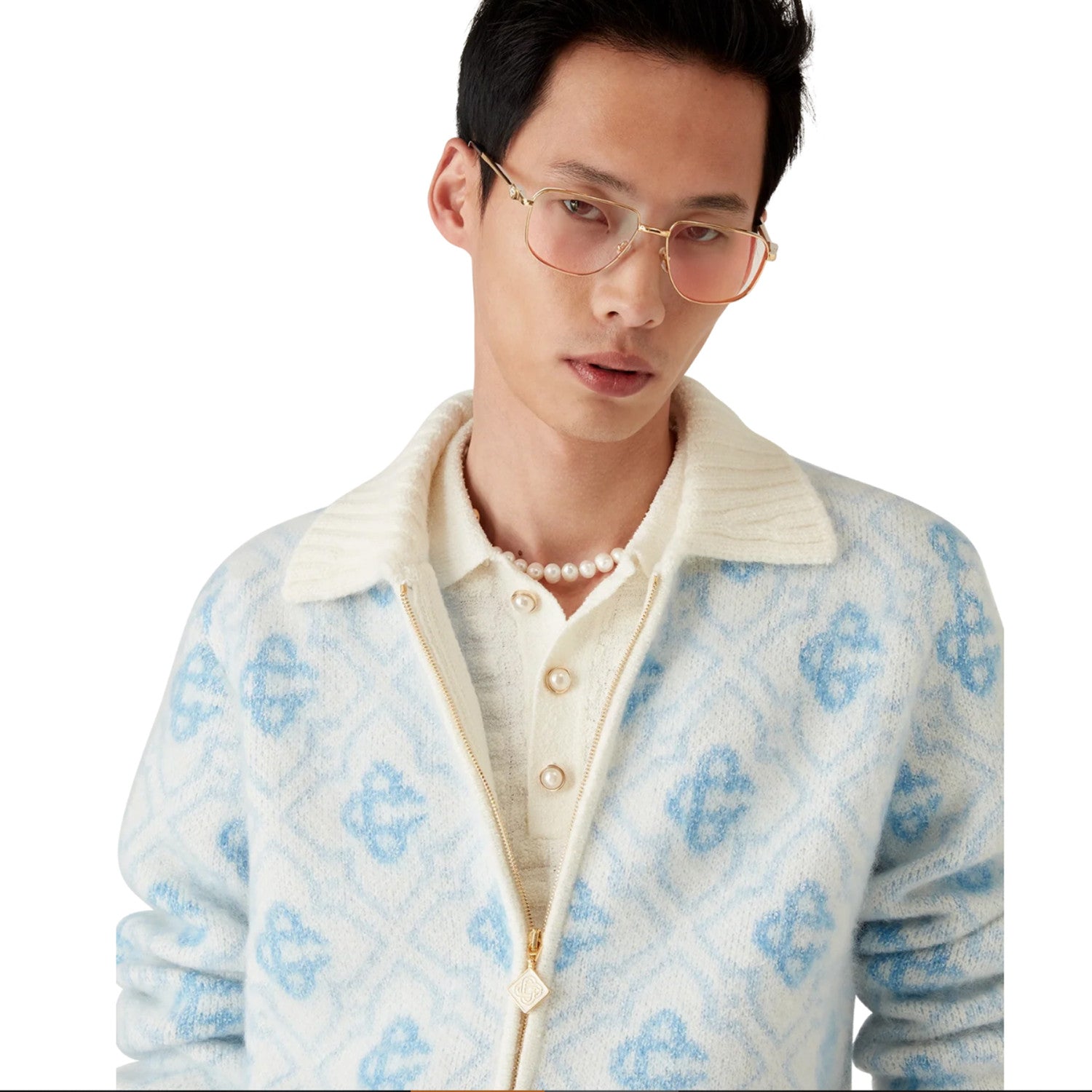 Men's Fall/Winter Blue & White Letter Checkered Color-Block Knit Cardigan Jacket Fashionable Casual Zipper-Front Knit Cardigan #193193