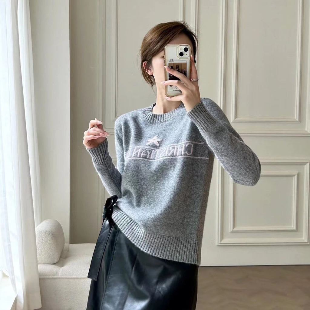 Women's Autumn And Winter Jacquard Knit Sweater Gray Pink 100% Cashmere Fabric With Logo Round Neck Long Sleeve Pullover Knitted Sweater #71784