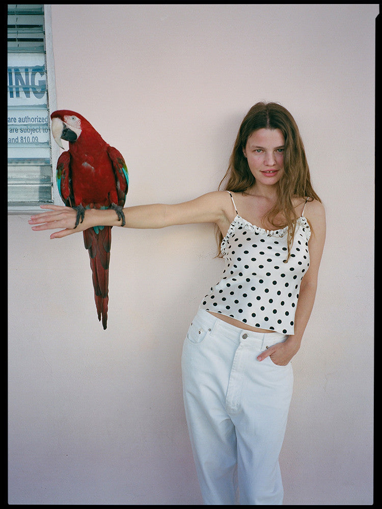 Realisation Par Women's Summer Polka Dot Printed White Round Neck Silk Vest Sleeveless Top Camisole Short Slimming Ngvp #1949