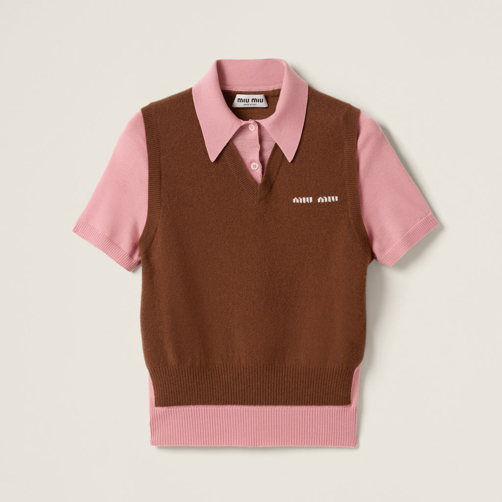 Women's Colorblocked Knit Loose Short Sleeve Polo Neck Knit Sweater #76256