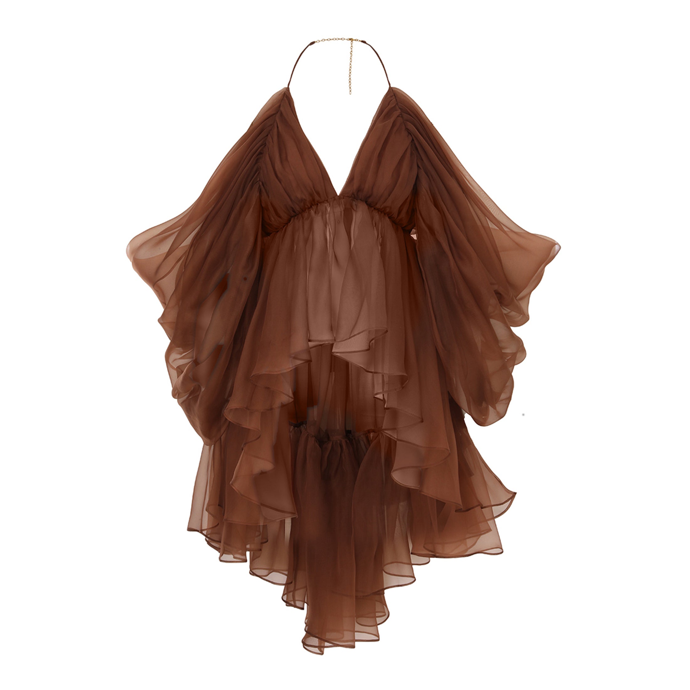 Women's Spring/summer Brown Hanging Neck Hundred Pleats Silk Dress Elegant And Noble Thin Gauze Large Hem Top Half Skirt Suit Set #71356