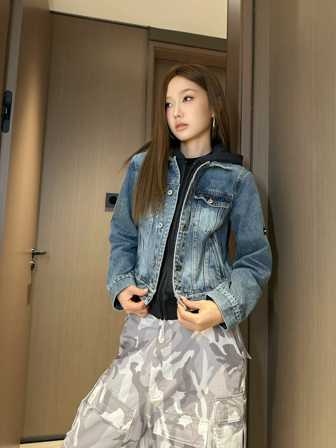 Men's Women's Spring and Autumn Solid Color Lapel Fit Single Breasted Long Sleeve Hooded Sweatshirt Spliced Denim Jacket Coat Ngvp #8749