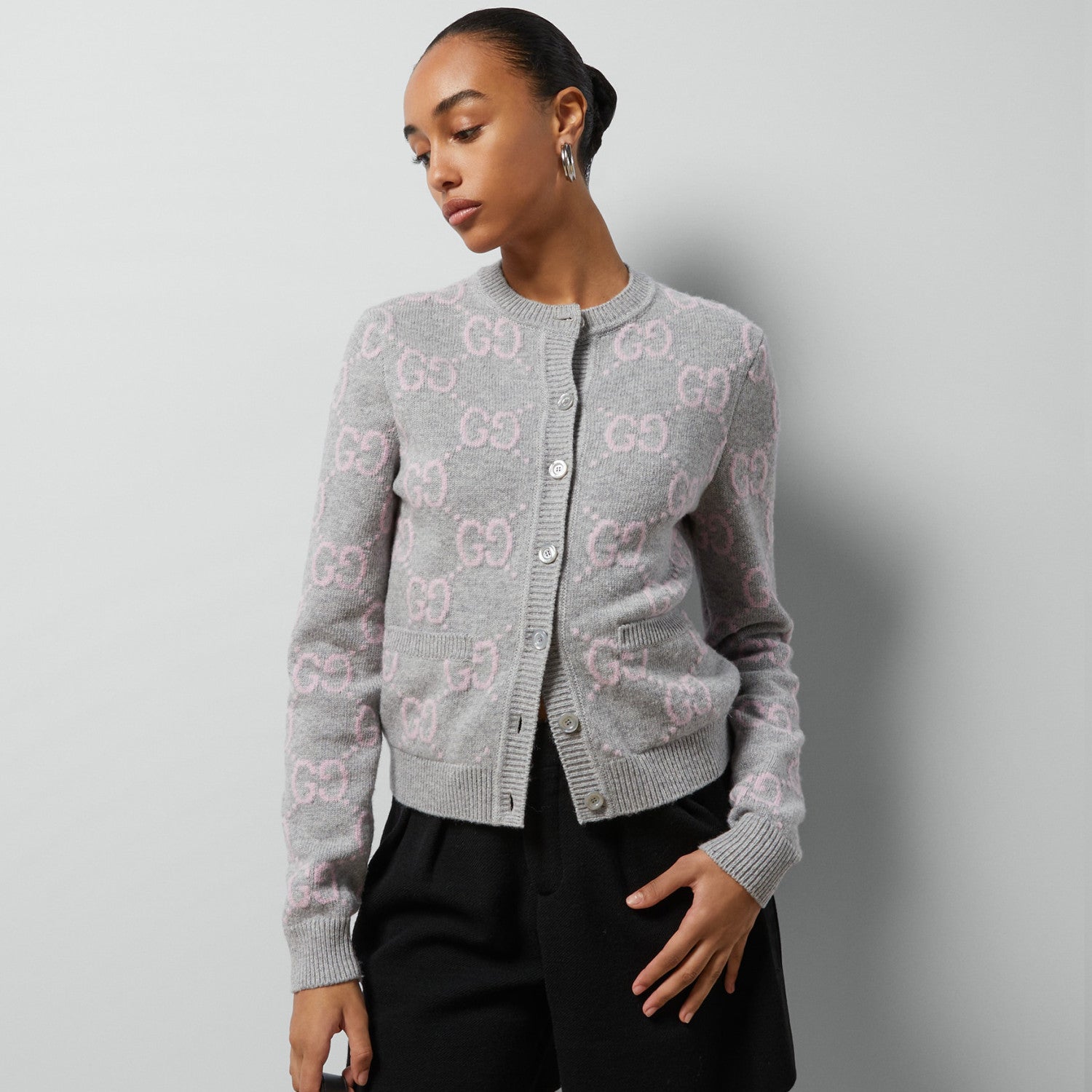 Women's Fall And Winter Double G Knit Round Neck Single Breasted Long Sleeved Jacket Sweater #75289