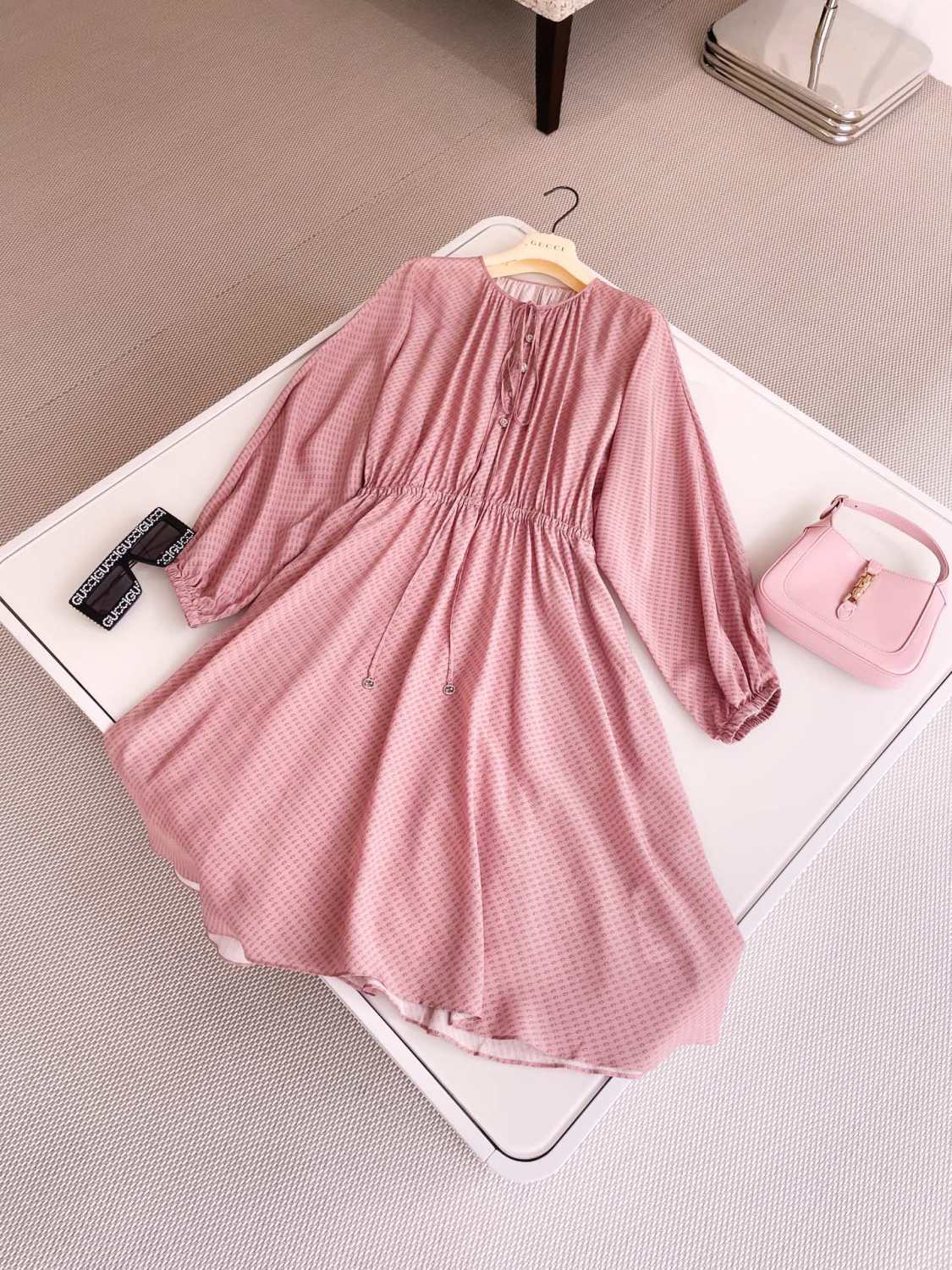 Women's Summer Pink All Over Logo Printed Silk Tunic Long Sleeve Dresses #72483