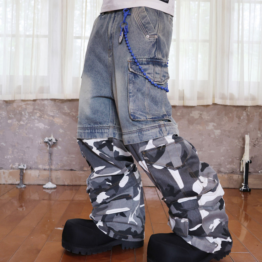 Groupmarek Men's Summer Blue Multi Pocket Water Washed Combination Camo Detachable Casual Denim Pants Ngvp #8395