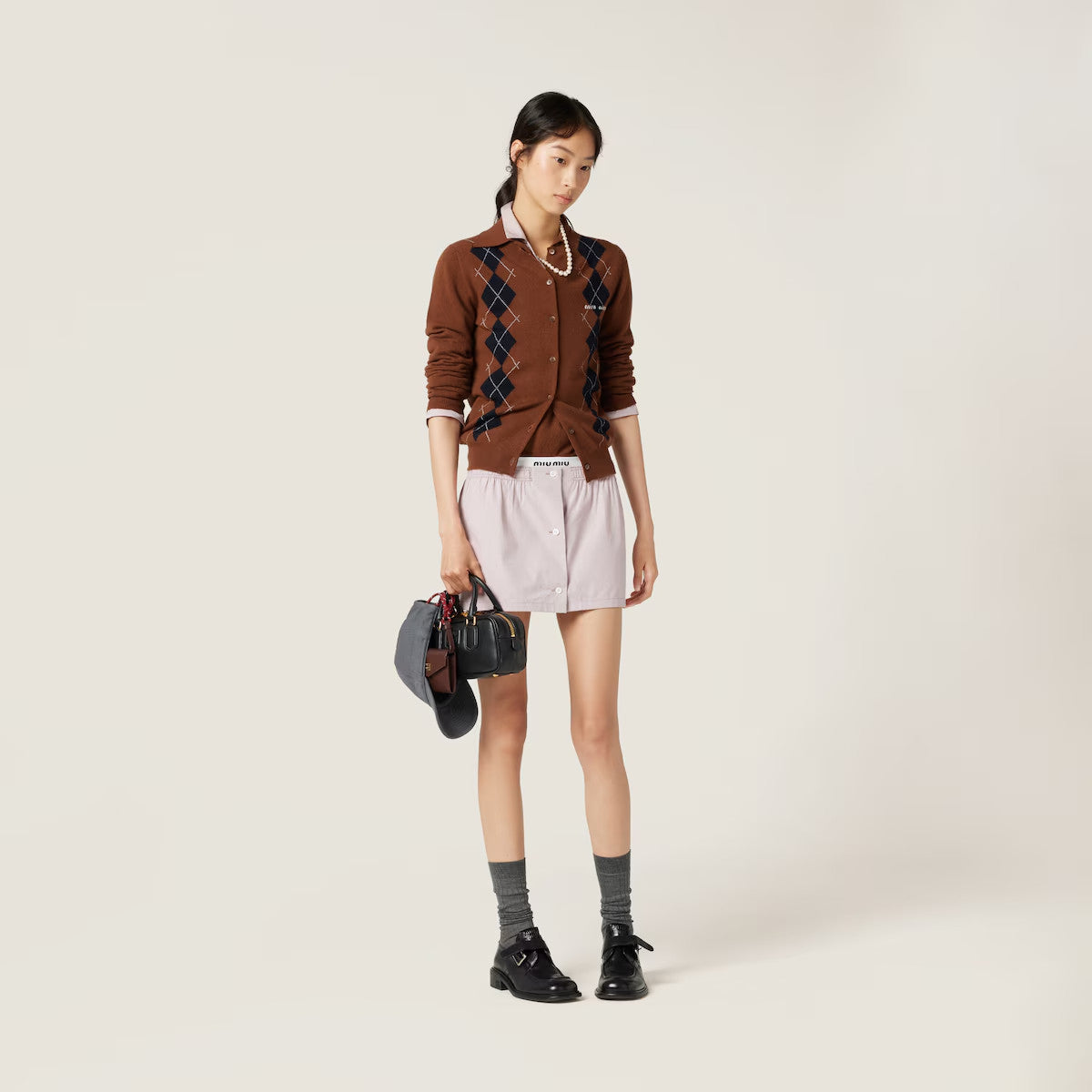 Women's Vintage High-Street Logo Print Diamond Pattern Crew Neck Single-Button Solid Color Spring/Fall/Winter Long-Sleeve Cashmere Knit Cardigan #81539