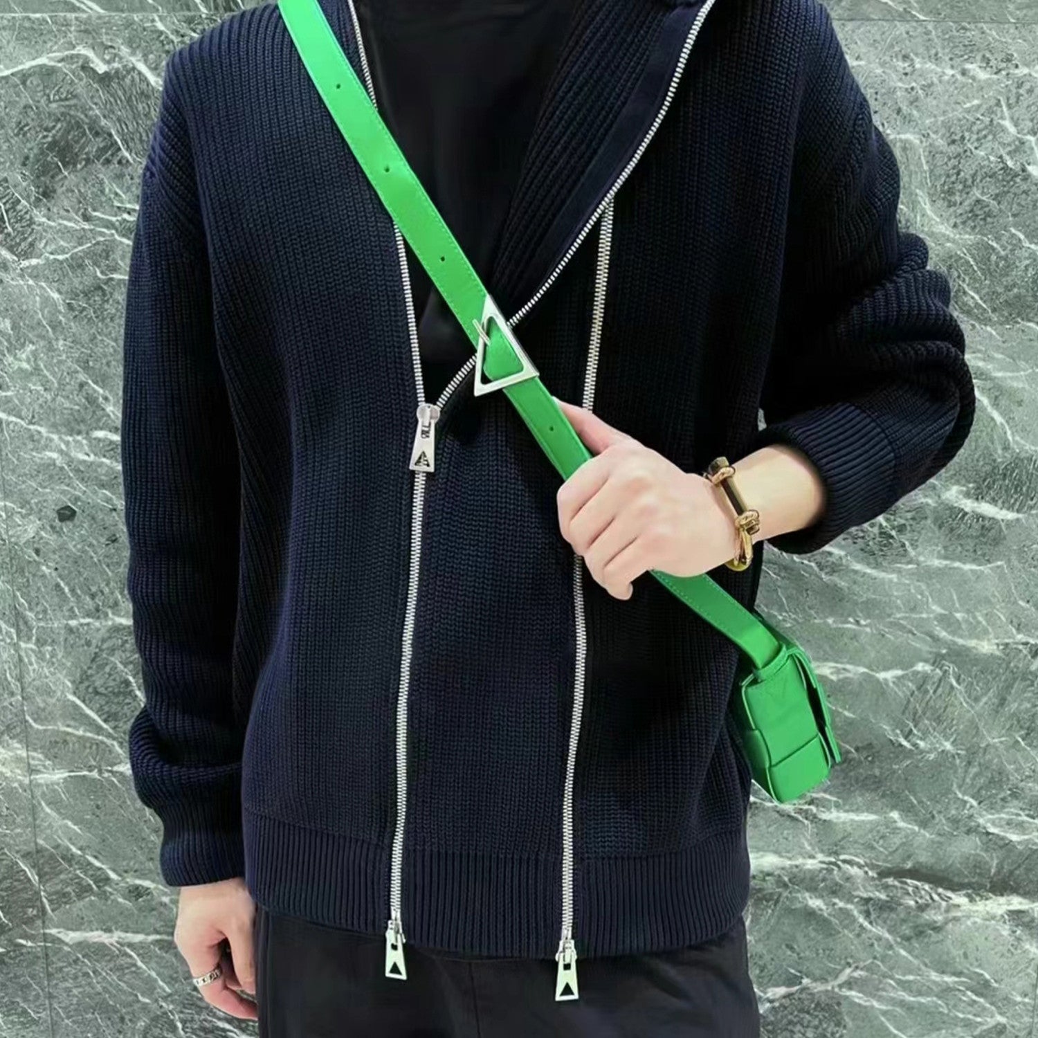 BV Men's Spring And Autumn Black Double Zip Cardigan Jumper Fashion Trend Casual Knitted Jacket Ngvp #1626