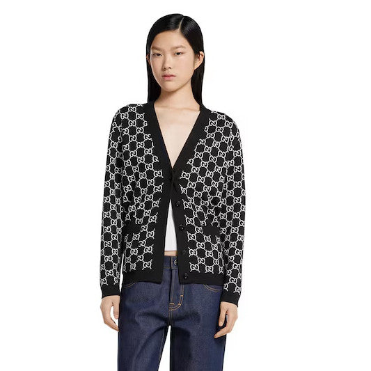 Men's And Women's Fall/Winter Fashion Casual Vintage Elegant V-Neck Single Button Reversible Logo Jacquard Knit Wool Cardigan #78587