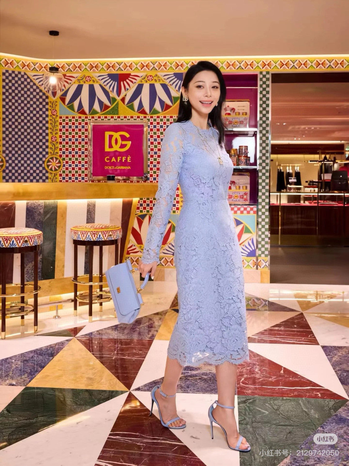 Women's Summer Blue Floral Lace Semi-sheer Round Neck Long Sleeve Dress Silk Camisole Lining #75161