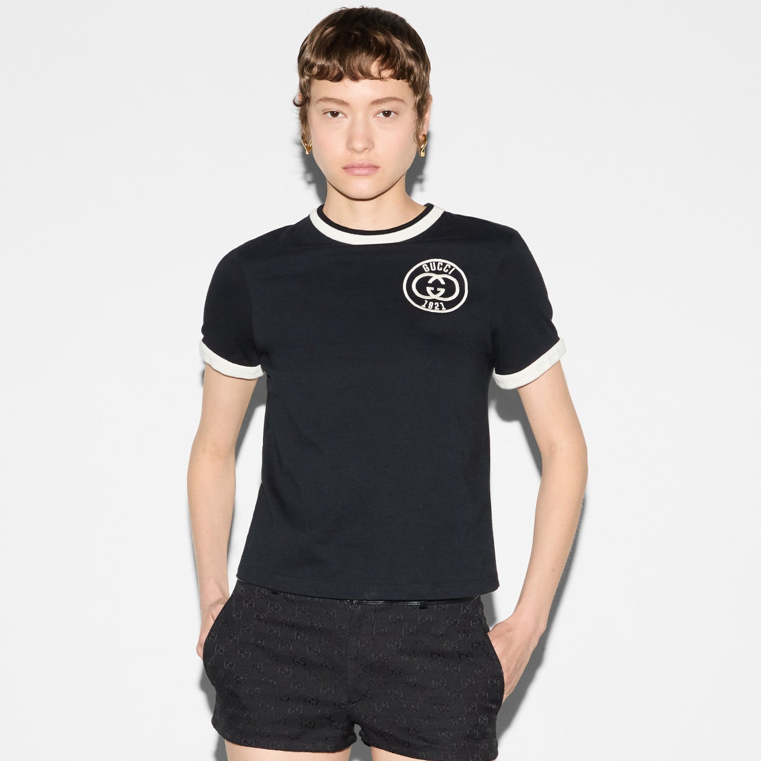 Women's Summer Logo Double G Embroidery Knit Crew Neck Cotton Short Sleeve T-Shirt #72443