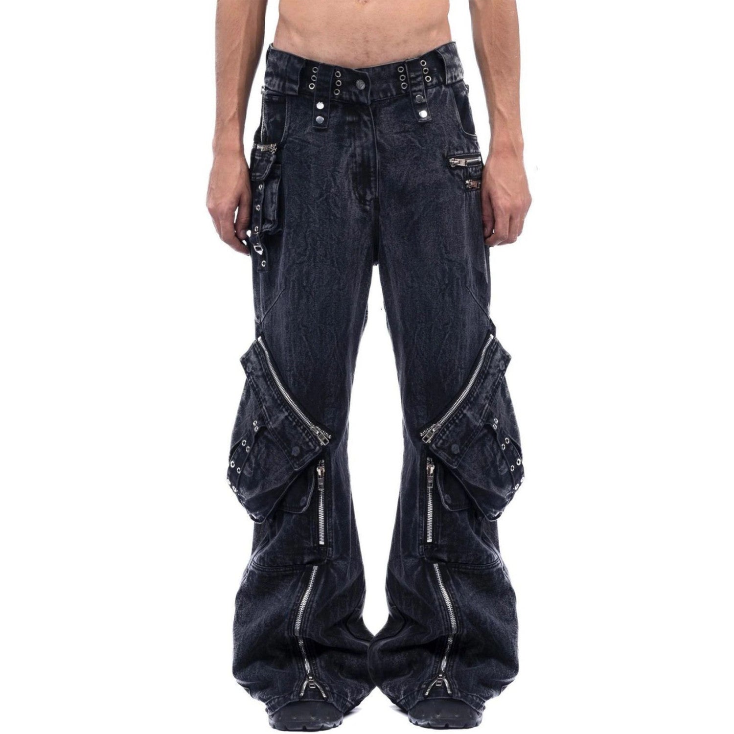 No Faith Studios Men's Solid Color Zipper Logo Embroidered Washed Jeans Loose Fit Work Pants Ngvp #7771