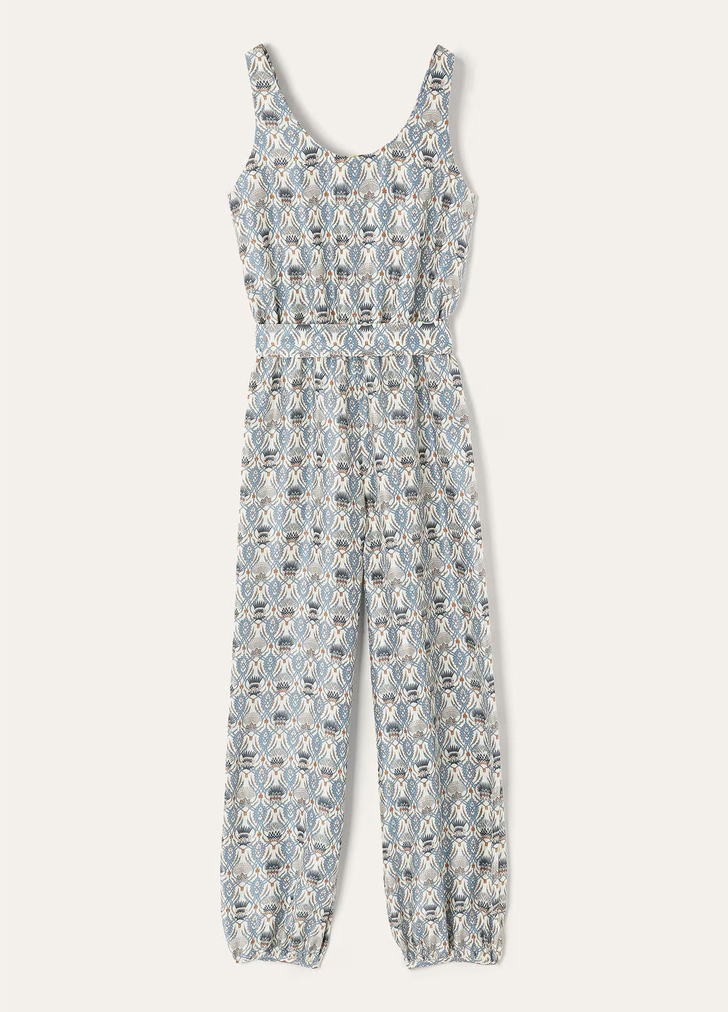 Women's Four Seasons Round Neck Sleeveless Printed Silk Elastic Waist Wide Leg Pants Nadia Jumpsuit Ngvp #1816