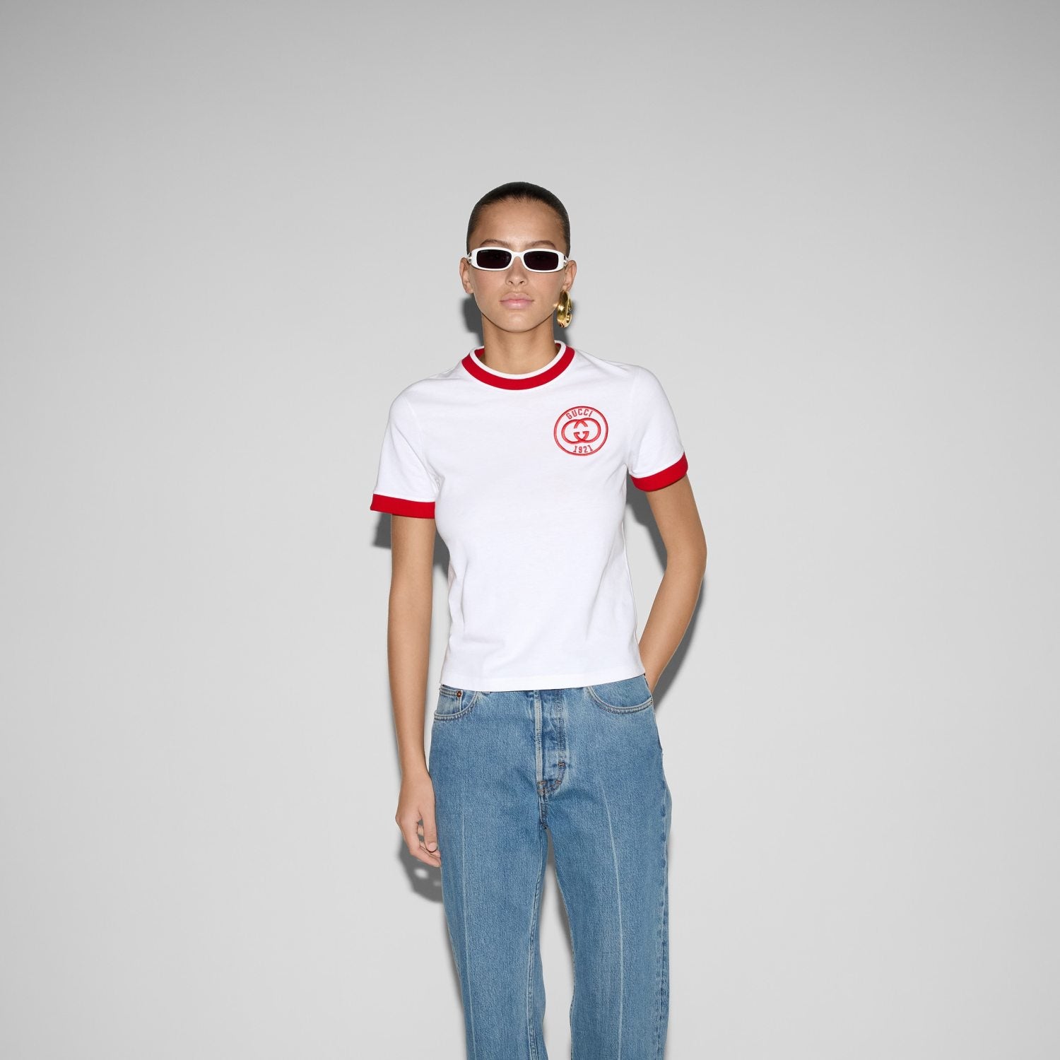 Women's Summer Logo Double G Embroidery Knit Crew Neck Cotton Short Sleeve T-Shirt #72443