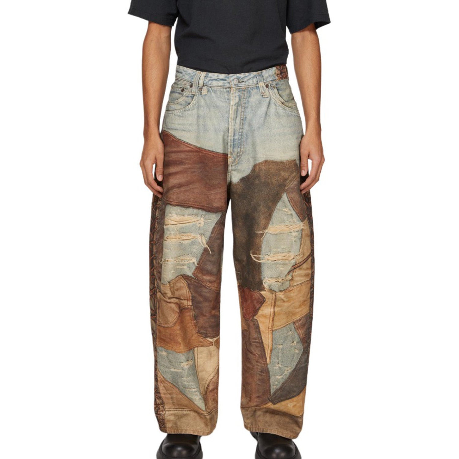 Men's Four Seasons Vintage Mud Dye Spliced Printed Loose Cotton Mid Waist Wide Leg Denim Pants Ngvp #8369