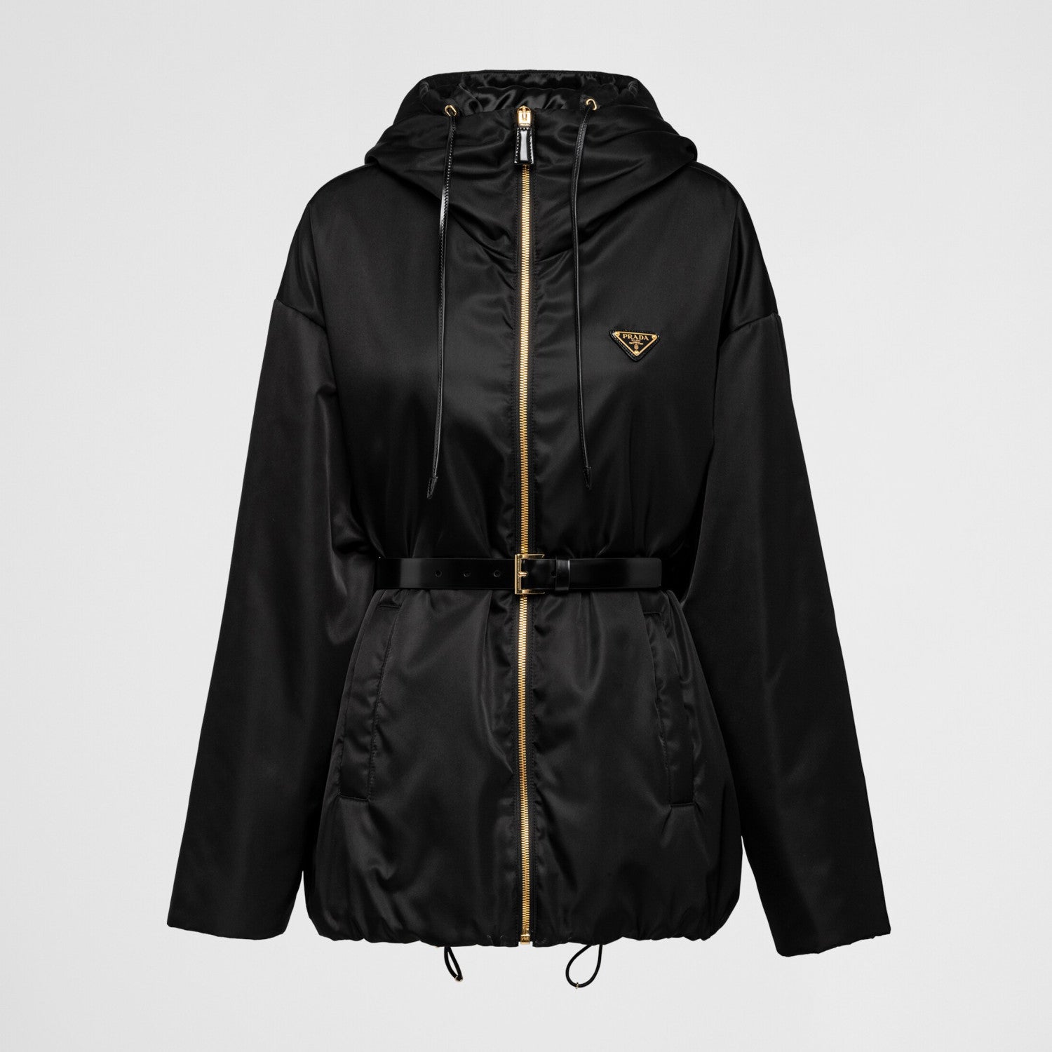 Women's Spring and Autumn Black Drawstring Hooded Nylon Casual Zipper Jacket #72581