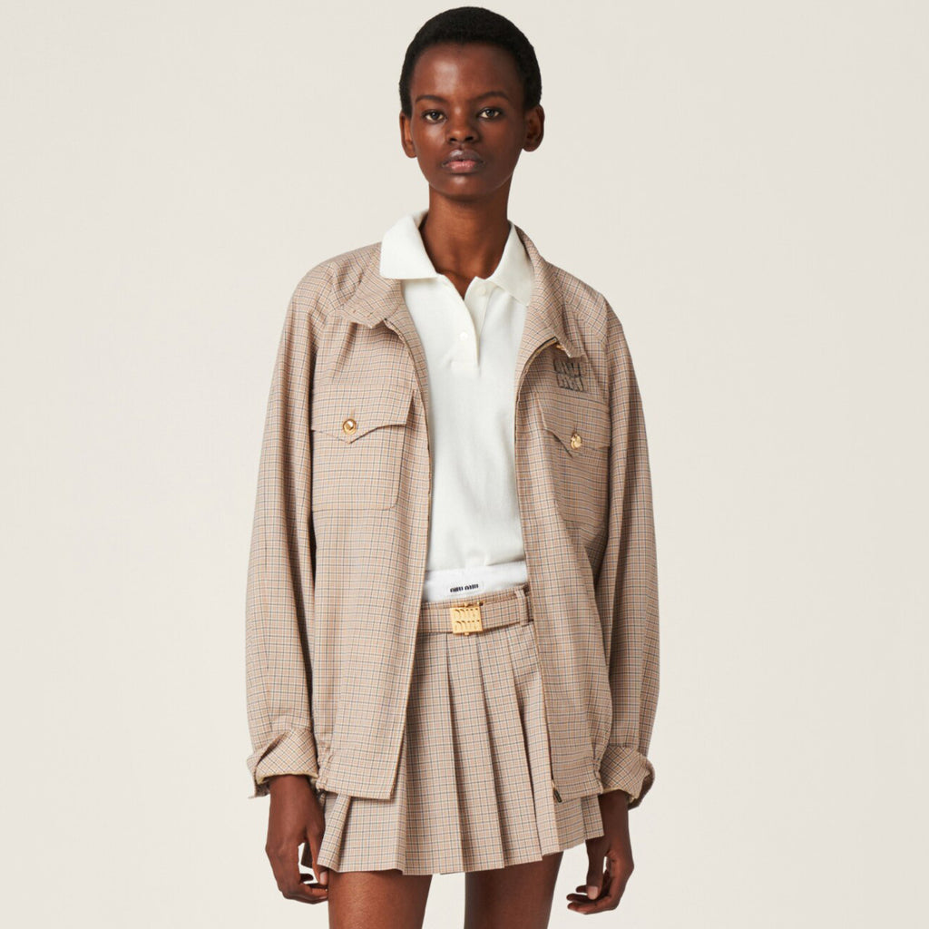 Women's Spring and Autumn Plaid Embroidery Logo Letter Standing Collar Waistband Zipper Long Sleeve Jacket #72865