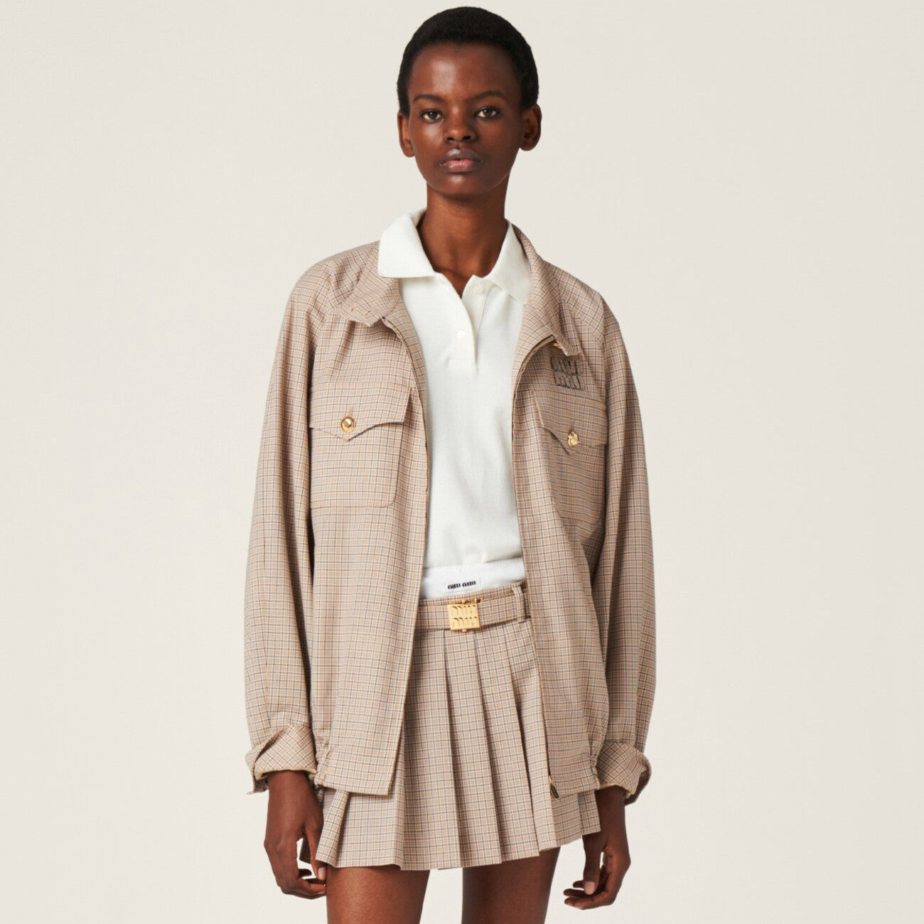 Women's Spring and Autumn Plaid Embroidery Logo Letter Standing Collar Waistband Zipper Long Sleeve Jacket #72865