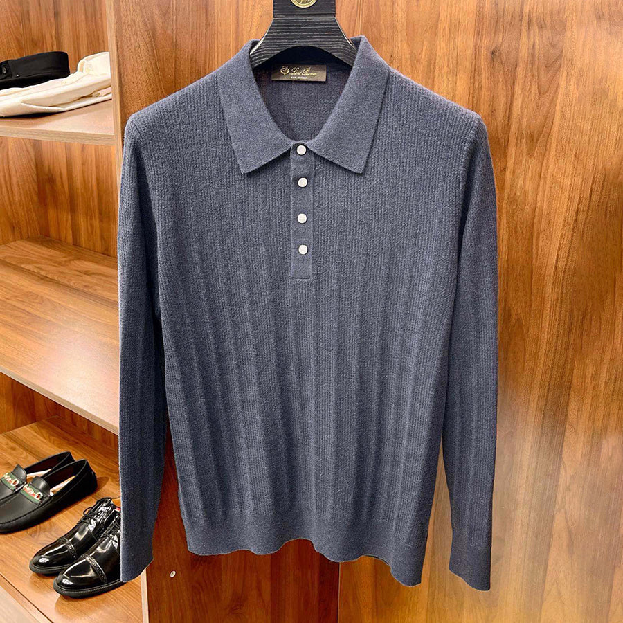LP Men's Spring & Autumn Casual Jacquard Lapel Solid Color Sweater Wool Blend Long Sleeve Knit Polo Shirt Ngvp #9538