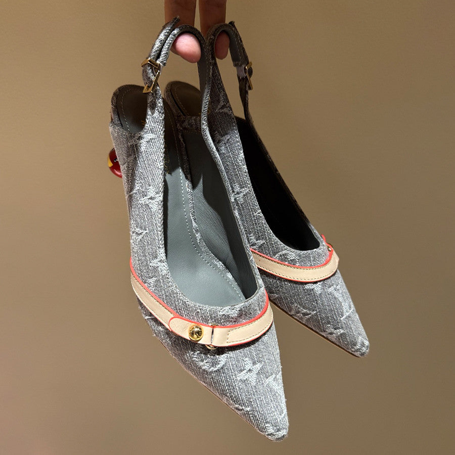 Women's Pointed Denim Print Metal Buckle Fine Heel Cherry Heel Retro Solid Color High Heels Casual Slippers Shoes #77858