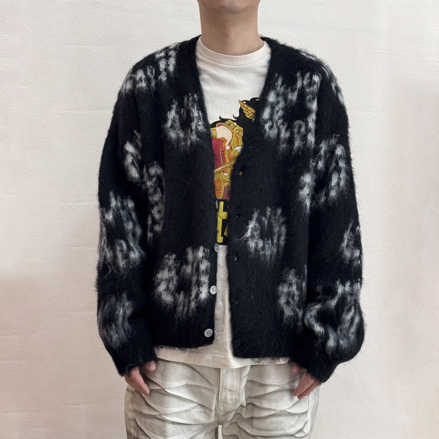 Denim Tears X Saint Michael Men's Vintage Black And White Kapok Wool Knit Sweater Fashion Casual Mohair Cardigan Single Breasted Knitted Jacket Ngvp #9824