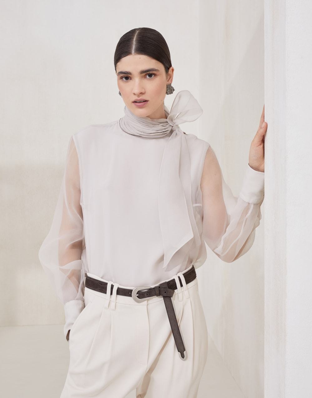 BC Women's Spring/summer Collection Loose-fit Casual Shirt With Bow Tie Structured Silk Blouse Flowing Ties And Beaded Embellishments #194480