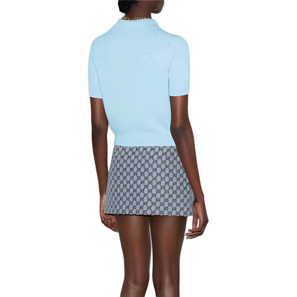 Women's Spring And Summer Blue Short-sleeved T-shirt Double G Logo Knitted Polo Shirt Buttons Fashion Casual Tops #71481