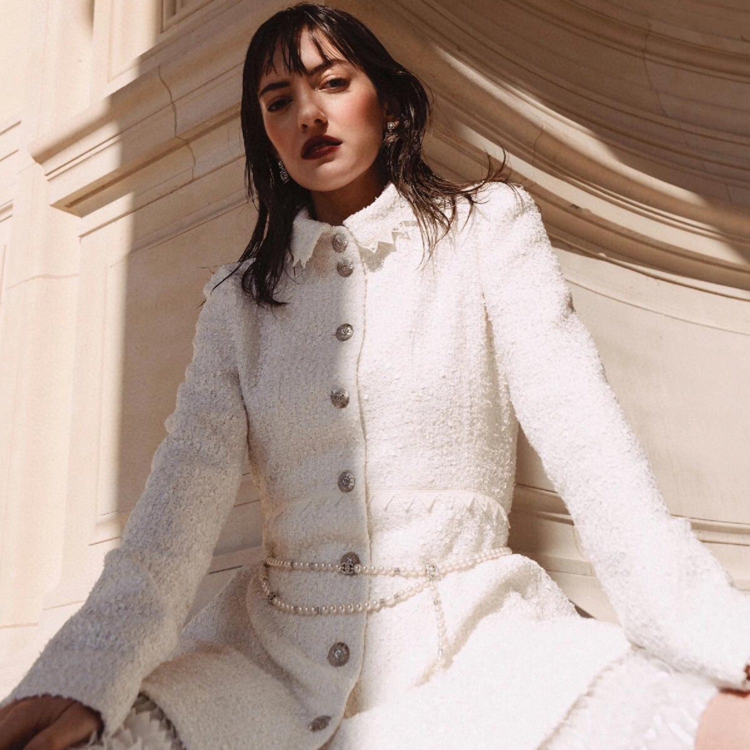 Women's Spring And Autumn White Sequin Lapel Single Breasted Coarse Tweed Waist Jacket Dress Ngvp #8526