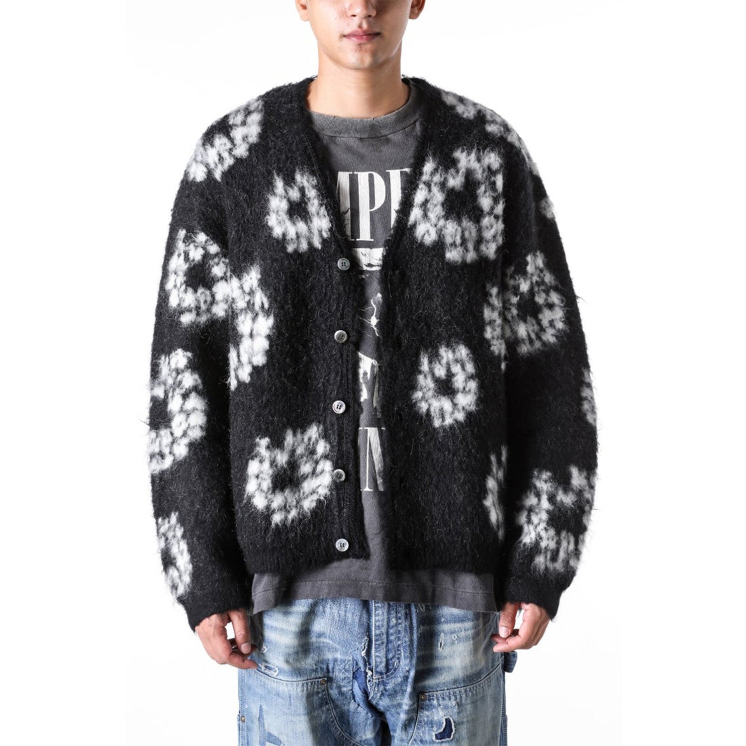 Denim Tears X Saint Michael Men's Vintage Black And White Kapok Wool Knit Sweater Fashion Casual Mohair Cardigan Single Breasted Knitted Jacket Ngvp #9824