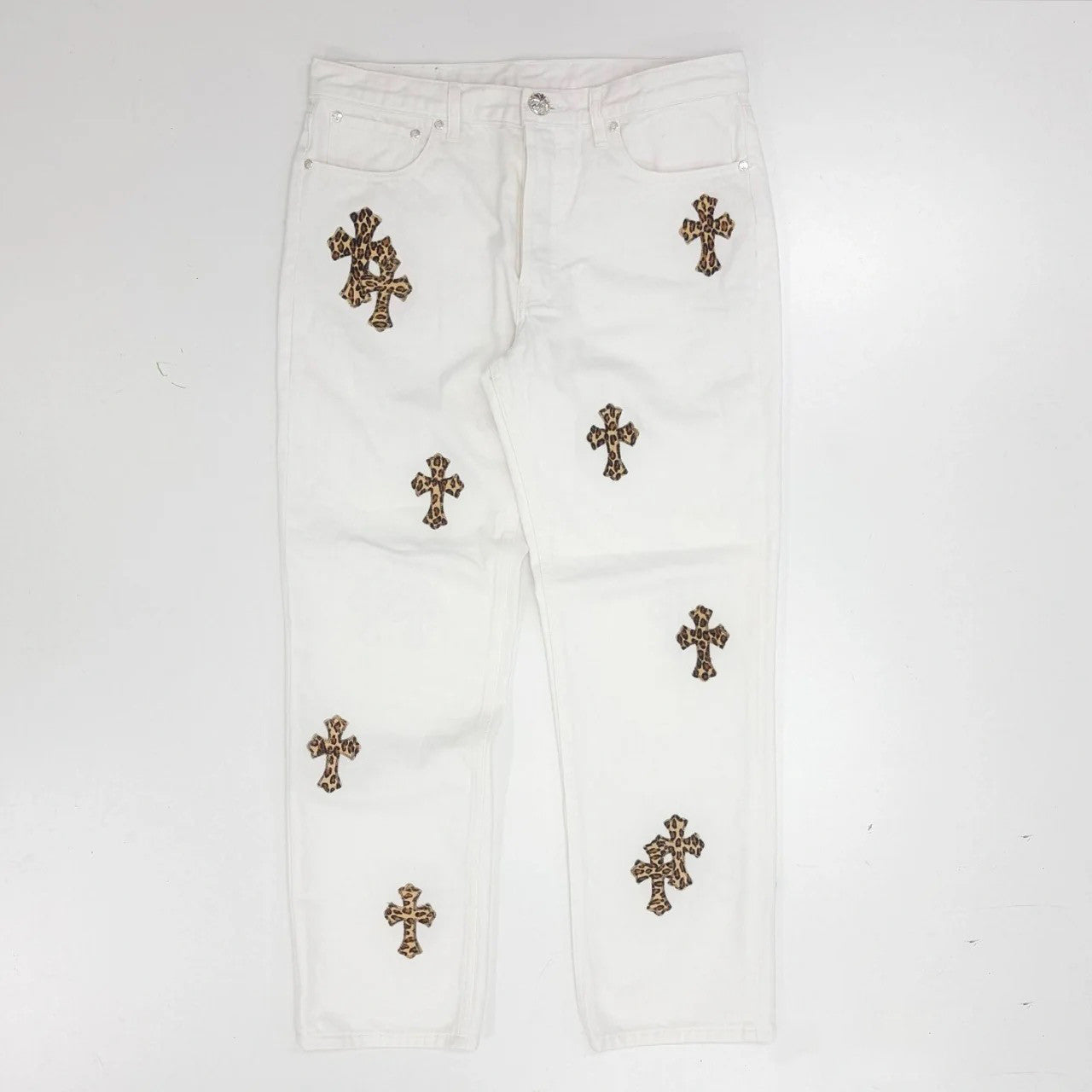 Men's Four Seasons High Street Leopard Cross Embroidered Old White Casual Straight Leg Trousers #98635