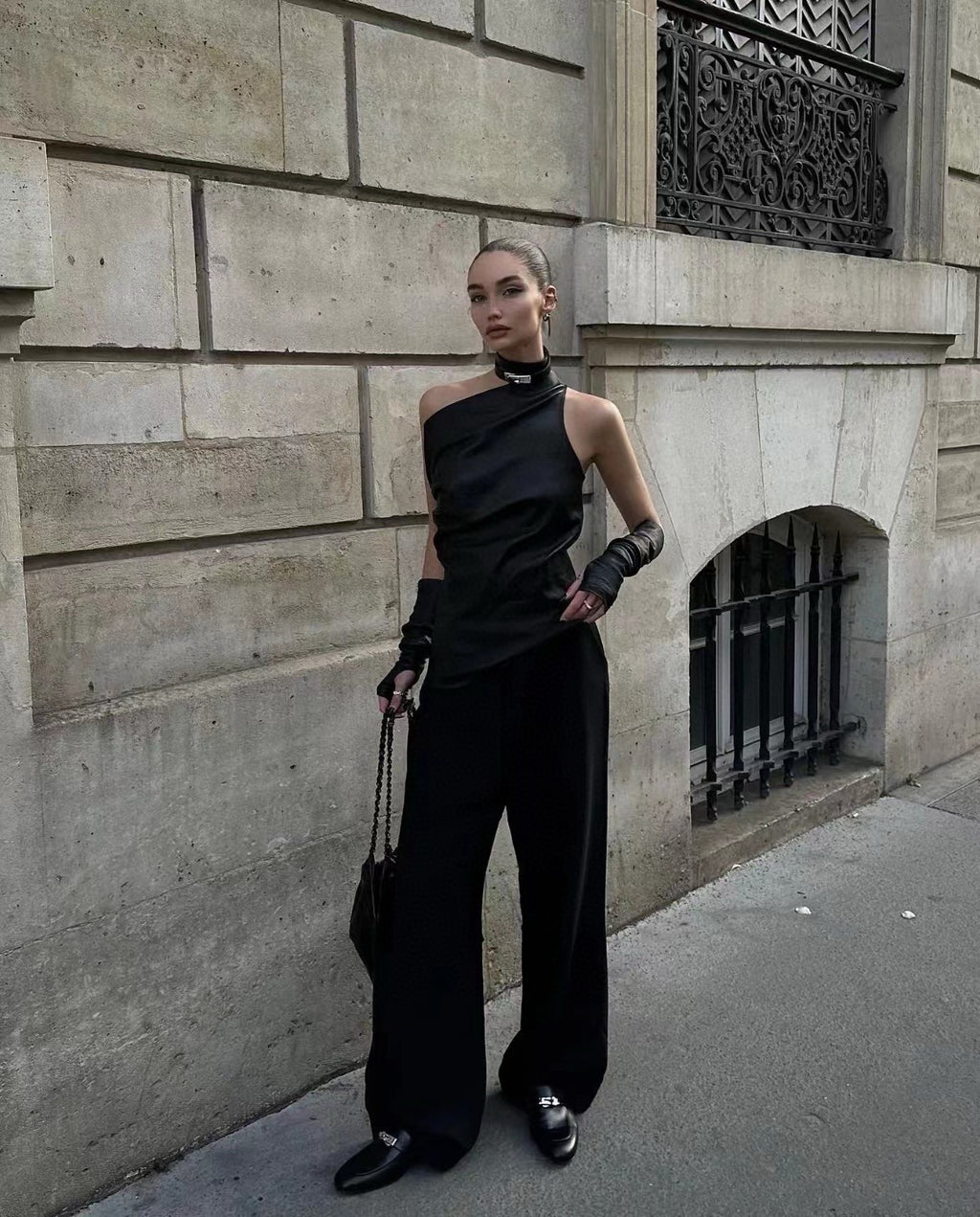 Women's Summer Lambskin One Shoulder Sleeveless Slim Black Top Shirt Ngvp #9175