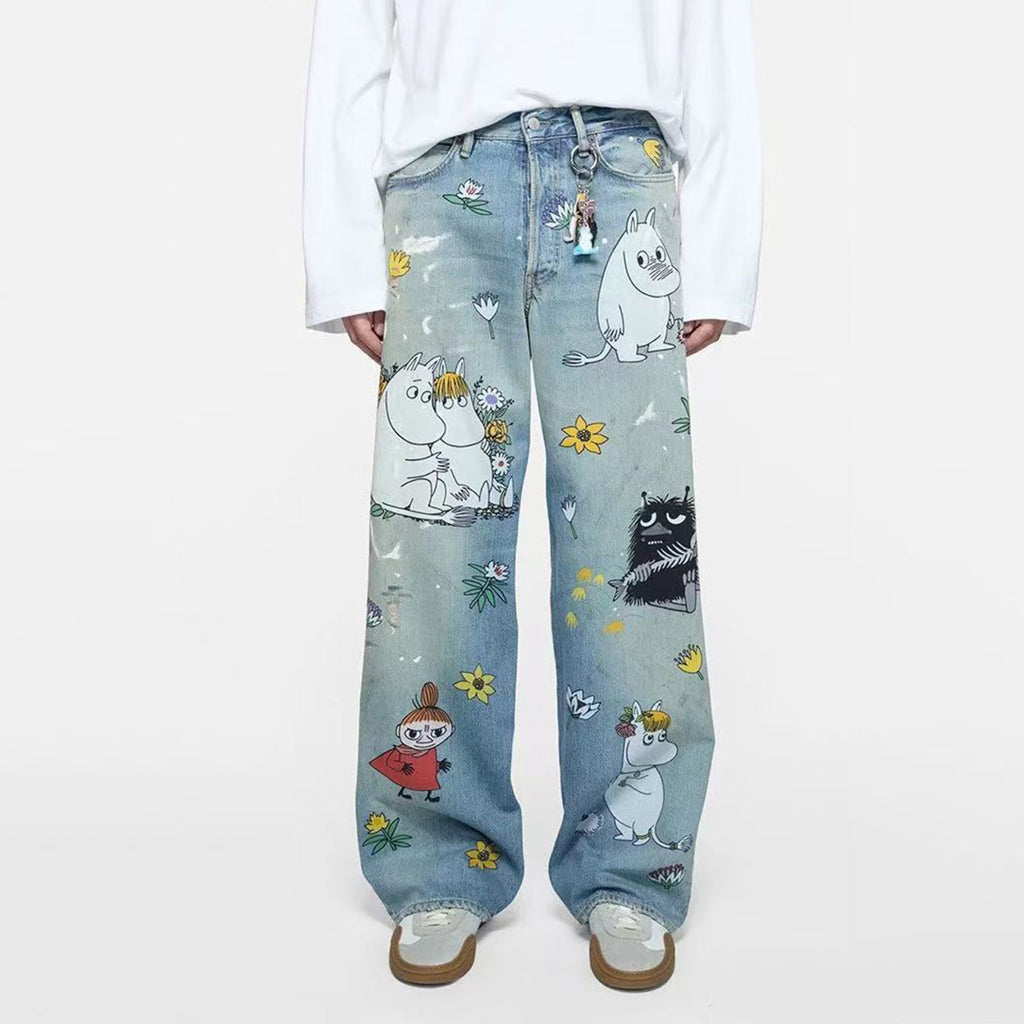 X Moomin Women's Spring/summer Straight Leg Casual Anime Print Fashionable High Street Wide Leg Loose Fit Denim Pants Ngvp #2176