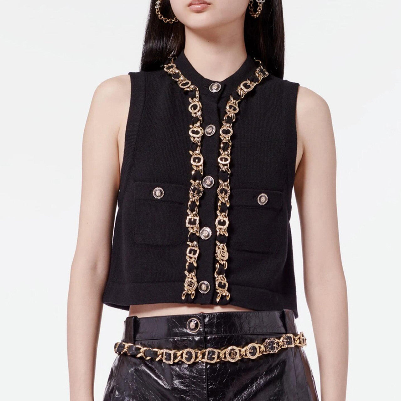 Women's Fall And Winter Fashion Antique Chain Single-Breasted Black And Gold Cashmere Knitted Tank Top Fitted Vest Ngvp #9316