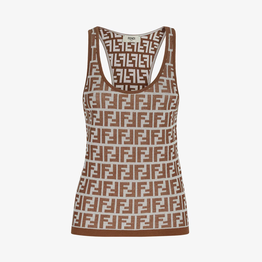 Women's Summer Brown FF Print Cotton Knit Top Fitted Sleeveless Vest #72933