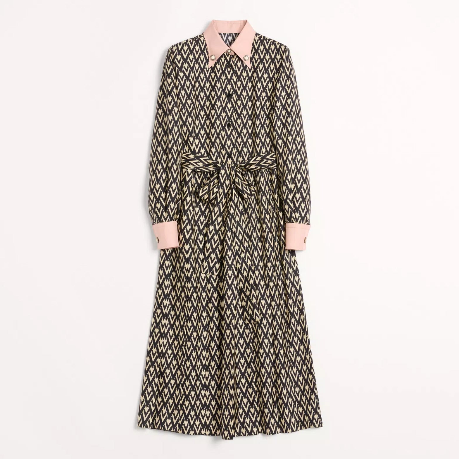 Women's Spring and Autumn Solid Color Lapel Silk Twill Toute La V Midi Dress #71832