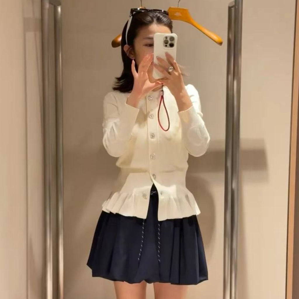 Palefroi Remix  Light Half-length Sleeves Cardigan Women's Knitted Elegant Lace Single Breasted Knit Sweater Fashion Casual Short Round Neck Sweater Cardigan Ngvp #2228