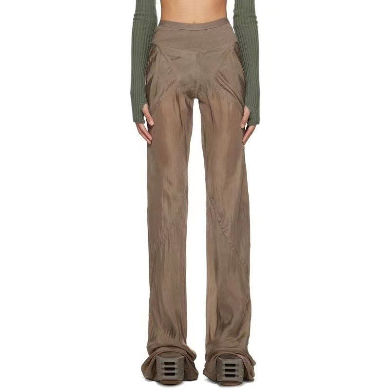 Women's Spring And Summer Fashion Mid-Waist Elastic Leisure Straight Solid Color Wide Leg Casual Pants #71933