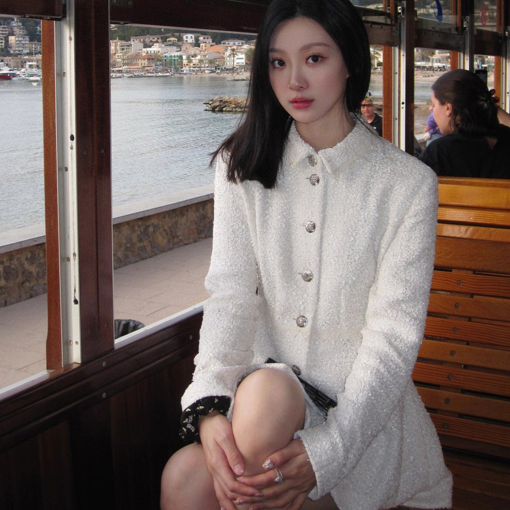 Women's Spring And Autumn White Sequin Lapel Single Breasted Coarse Tweed Waist Jacket Dress Ngvp #8526