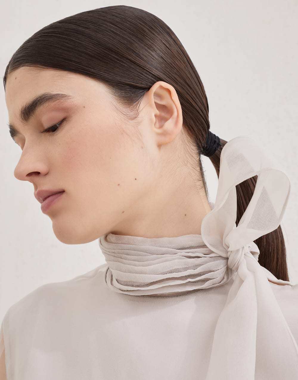 BC Women's Spring/summer Collection Loose-fit Casual Shirt With Bow Tie Structured Silk Blouse Flowing Ties And Beaded Embellishments #194480