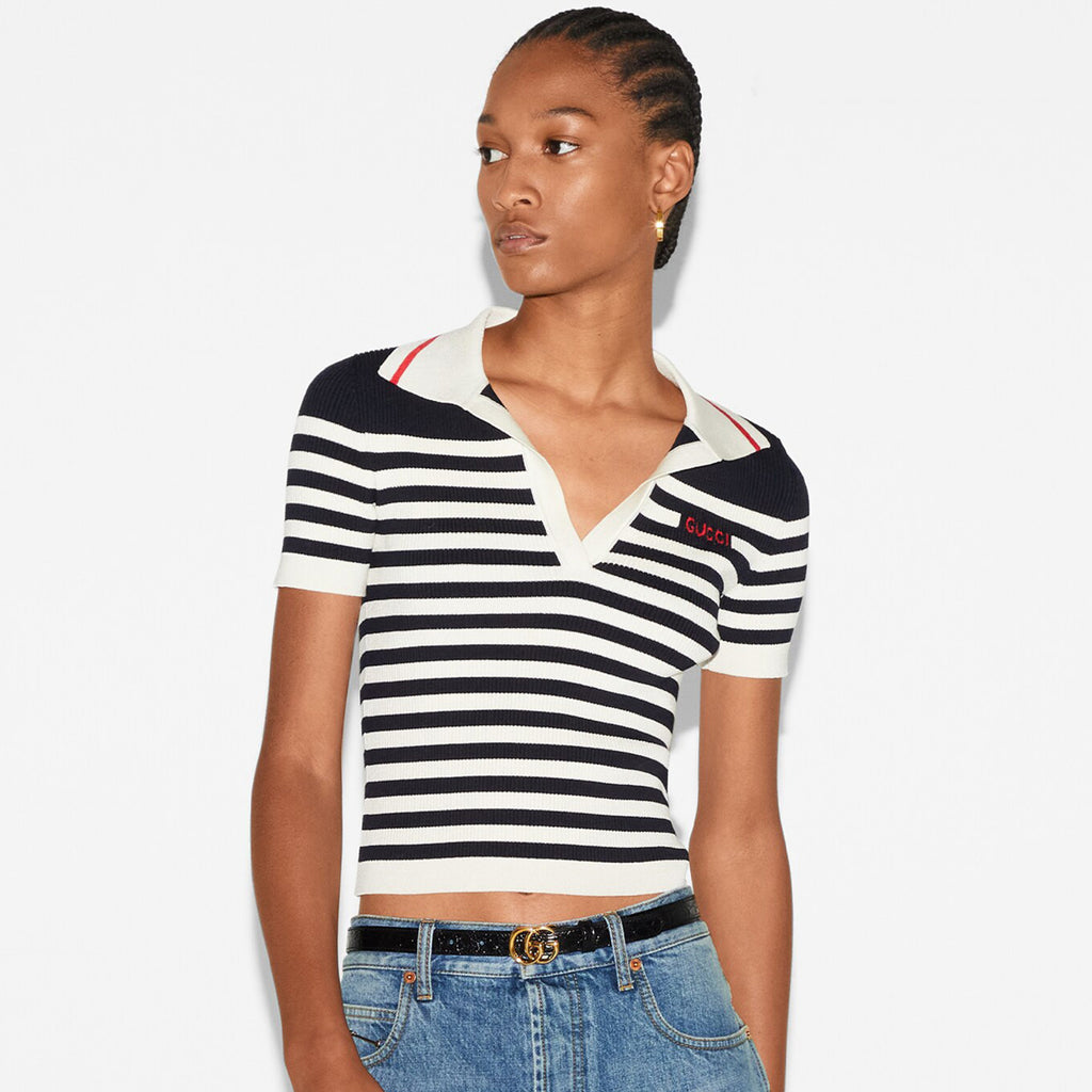 Women's Spring And Summer Striped Letter Logo Polo Knit Sweater Fashion Casual Temperament V-neck Short Sleeve T-shirt  #71379
