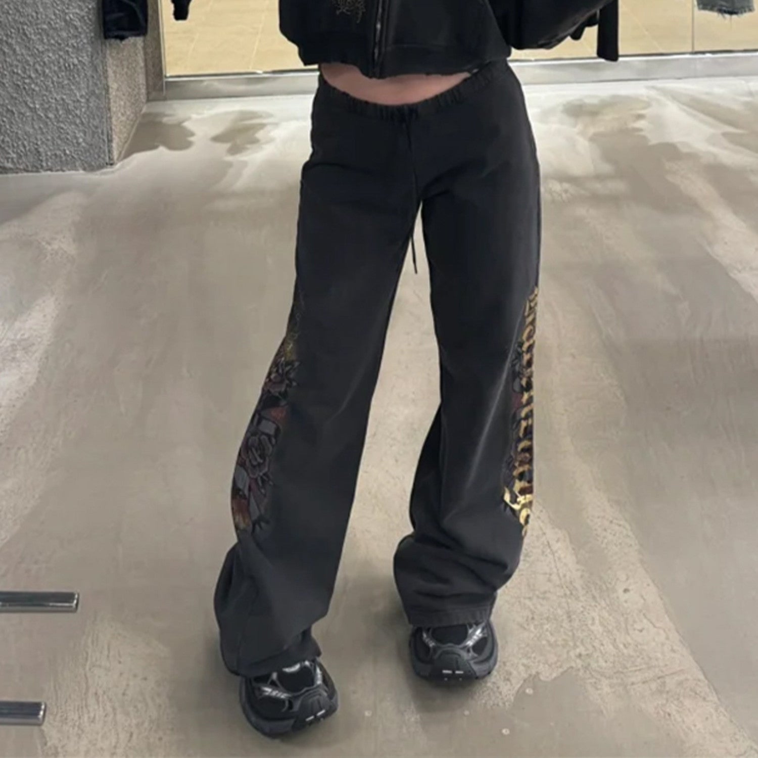 Women's Tacky Flared Sweatpants In Black Faded Spring And Summer Fashion Casual Straight Leg Wide Leg Pants Loose Sports Sweatpants Ngvp #1276